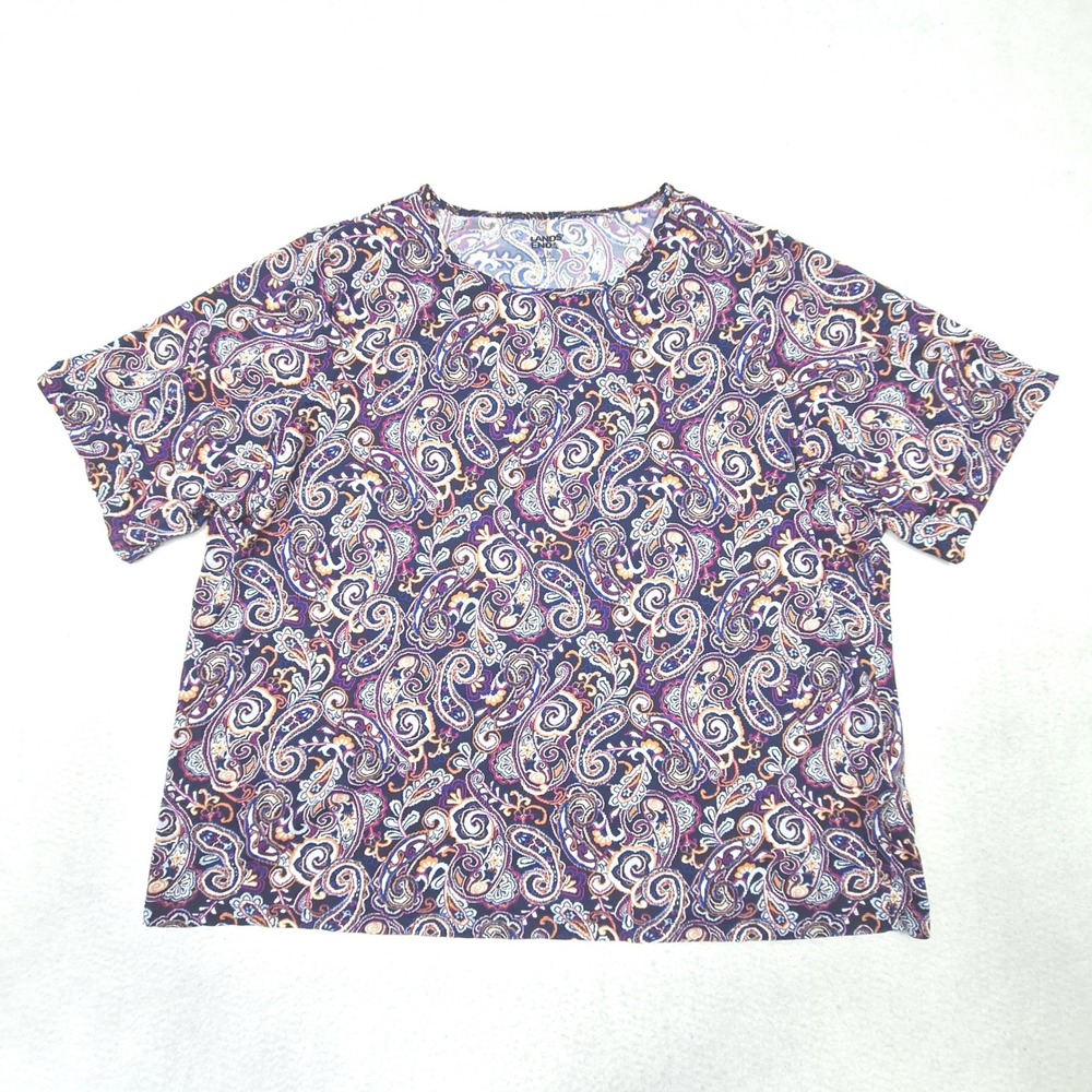 Lands End Top Womens 2X Purple Paisley Short Sleeve Nylon Blend Stretch Blouse